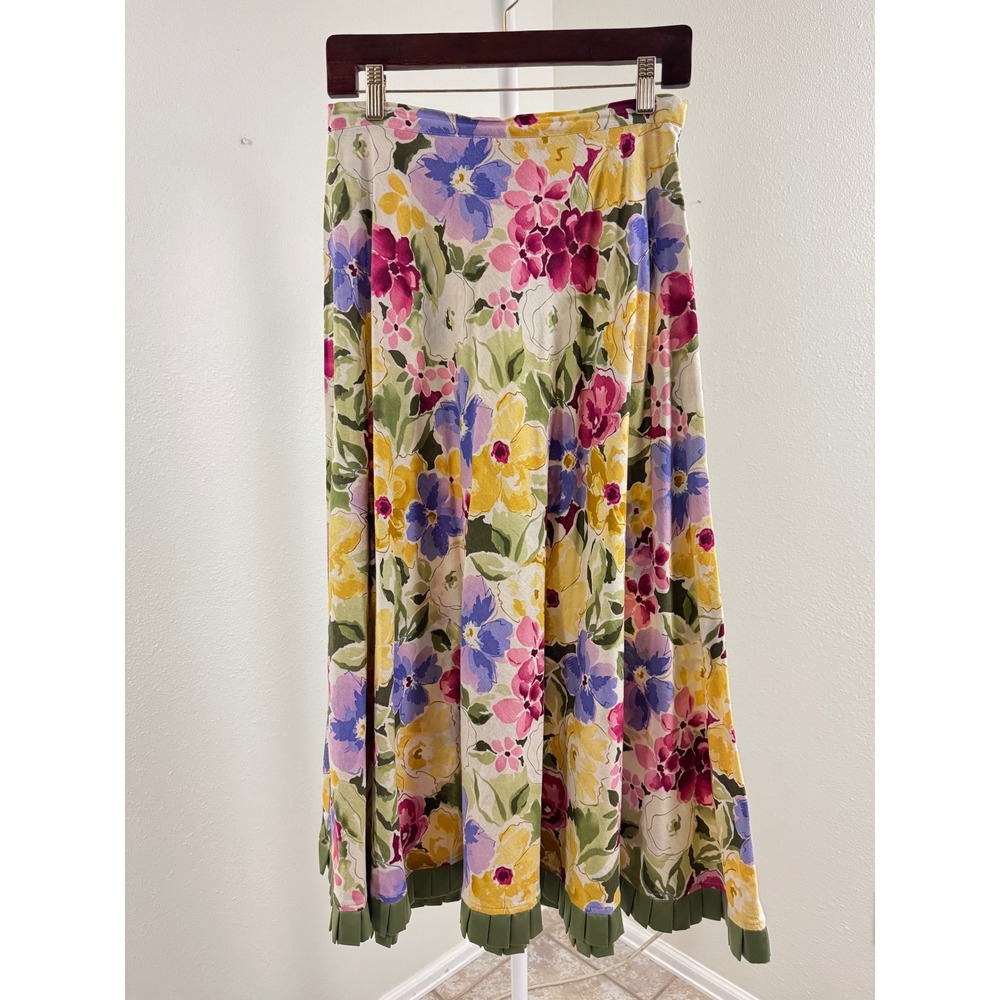 Artsy Cottagecore Floral Linen Blend Maxi Skirt Yellow Purple Green Petite Small